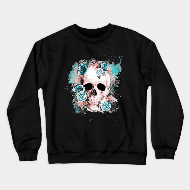 Floral Skull with turquese roses and leaves watercolor Crewneck Sweatshirt by Collagedream